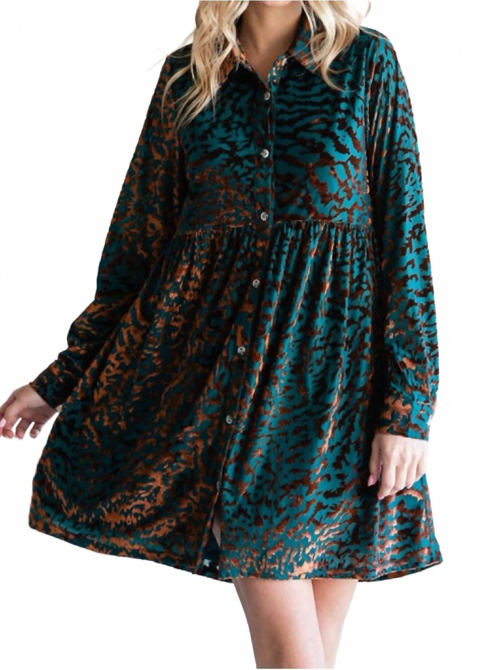 Jodifl Plus Teal Burnout Velvet Leopard Babydoll Dress Size 1X NWT